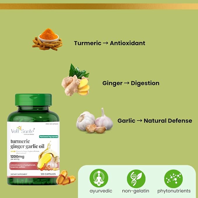 VOLL Sante 3 in 1 Turmeric Ginger Garlic Oil Capsule—1200 mg Per Serving | HPMC Plant-Based Capsule | Ayurvedic Dietary Supplement | Non-GMO | 120 Veg Capsules