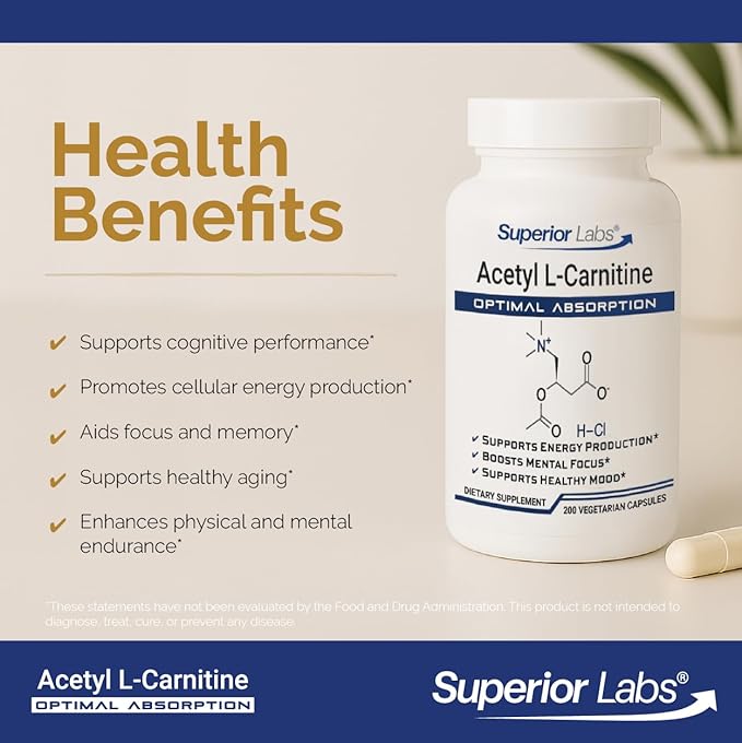 Superior Labs Acetyl L-Carnitine 500 mg High Potency ALCAR Pure Non-GMO Zero Synthetic Additives Maximum Absorption Energy &amp Fat Metabolism Brain Nerve &amp Cellular Detox Support (200 Ve