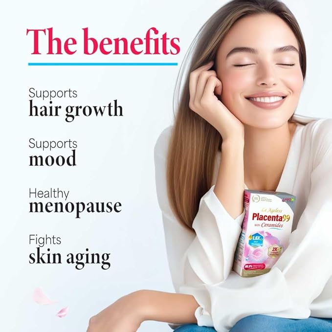 LABO Nutrition Le Ageless Placenta 99 with Ceramides -Placenta Supplement with Collagen Peptides Oryza Ceramides -Skin Regeneration Hydration Anti-Aging Wrinkle Support Immune Health 60 Capsules