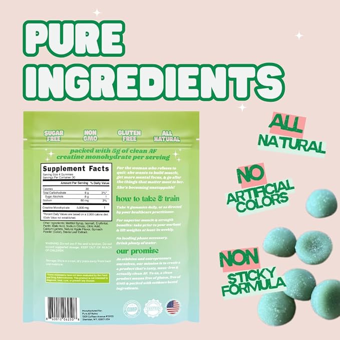 Creatine Gummies for Women – Sugar Free | Sour Green Apple – 120 Creatine Monohydrate Gummies | Lean Muscle Glute Growth Strength &amp Cognitive Boost