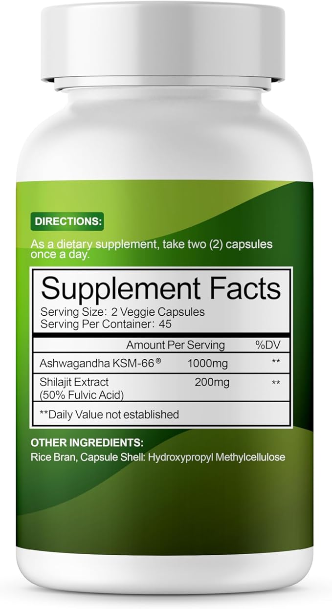 KSM-66 Ashwagandha and Shilajit Extract Capsules (90 Capsules / 45 Servings 1000 mg KSM-66 Per Serving) | Premium Ashwagandha Root Extract - Gluten Free Non-GMO