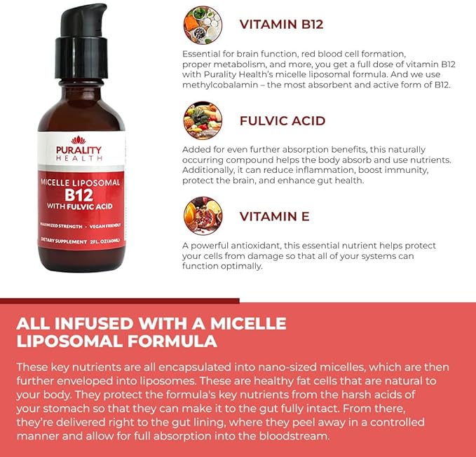 PURALITY HEALTH Micelle Liposomal Liquid Vitamin B12 with Fulvic Acid 2500 mcg. Combined Methylcobalamin with Organic Glycerin Extract Maximum Absorption Energy Boost Vegan Friendly