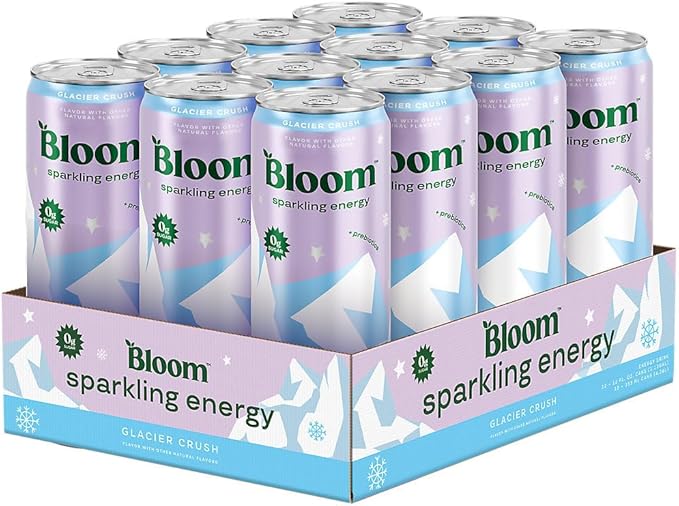 Bloom Nutrition Sparkling Energy Drink - Natural Caffeine Zero Sugar 180mg - Antioxidant-Rich with Green Coffee Bean Green Tea Extract Prebiotics - Glacier Crush - 12oz 12 Pack