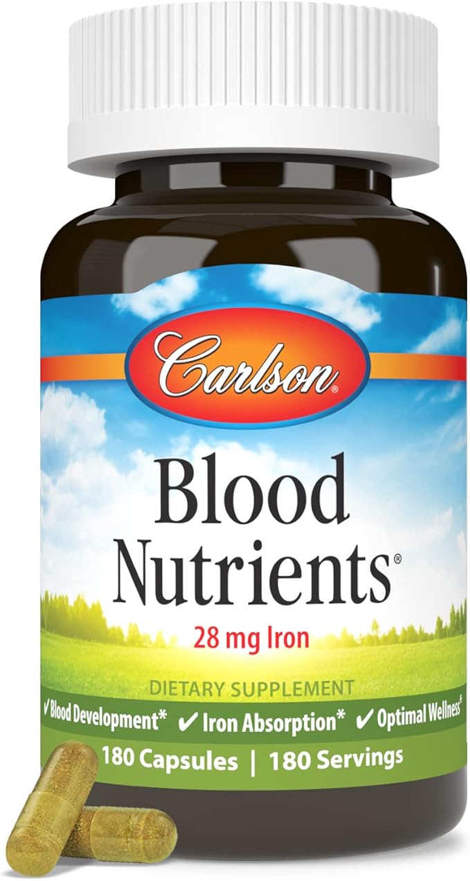 Carlson - Blood Nutrients 28 mg Iron Blood Development Iron Absorption &amp Optimal Wellness 180 Capsules
