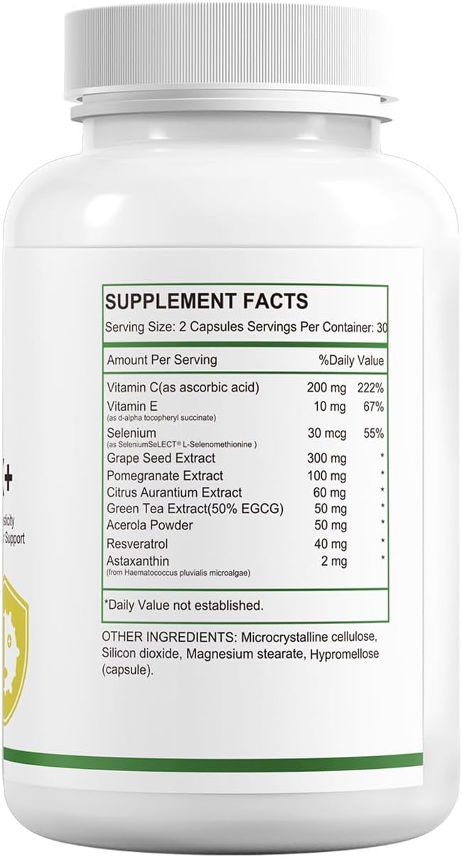 HUJ Cell Antiox+ Supplement - Superior Antioxidants &amp Cellular Support - Contains Grape Seed Extract Pomegranate Extract Resveratrol and Vitamins C and E - 60 Capsules
