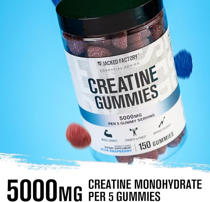 Jacked Factory Creatine Monohydrate Gummies 5g Daily Dose (1g per Gummy) - Creatine Gummy for Men and Women Vegan-Friendly Travel-Friendly Third-Party Tested - 150 Gummies Blue Raspberry &amp Lem