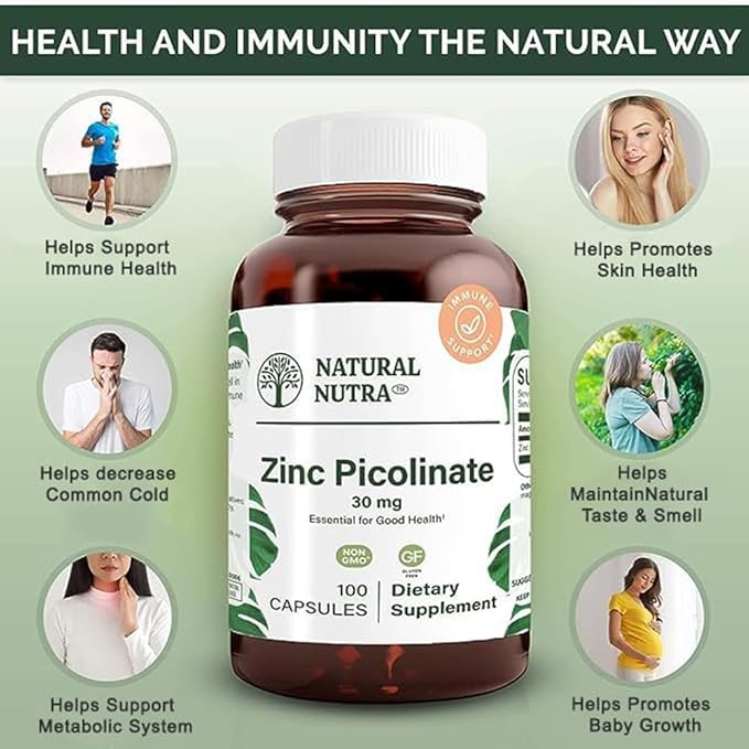 Natural Nutra Zinc Picolinate 30 mg Double Strength Raw and Pure Highly Bioavailable Supplement for Growth and Immune Support Helps Promote Skin Health Helps Support Metabolic System 100 Capsules