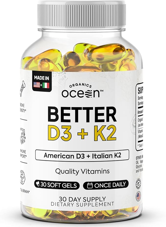 Organics Ocean Better D3 + K2-100% Organic VIT D3 and K2 Supplements with Maximum Bioavailability - Supports Bone Density Calcium Balance Immunity &amp Mood - 1-Pack 30-Day Supply