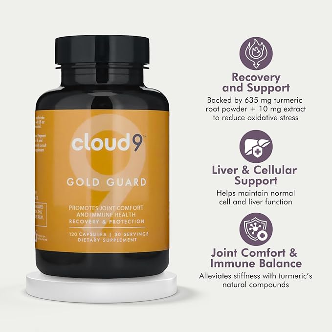 Cloud9 Gold Guard - Turmeric Supplement with BioPerine for Liver &amp Joint Support - 635 mg Turmeric Root + Extract - Vegan Non-GMO 60 Capsules