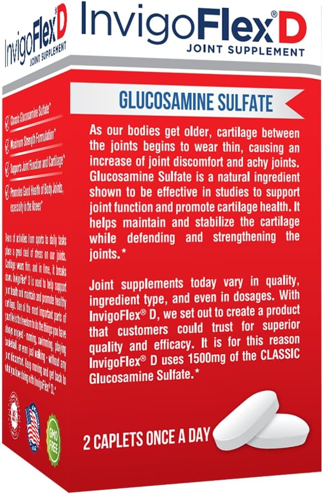 INVIGOFLEX® D - 1500mg of Glucosamine Sulfate (Classic Formulation) - Premium Joint Supplement for Knees Hands Back &amp Hip Support D: Glucosamine Sulfate Caplets - 60 Ct (Pack of 3)