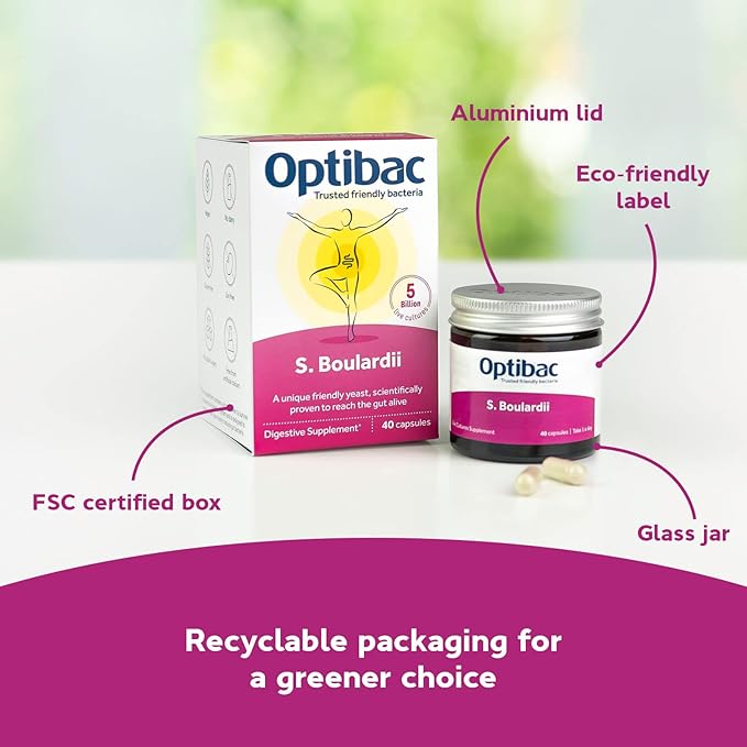 Optibac Saccharomyces Boulardii 80 Capsules | 5 Billion Live Cultures per Serving | Probiotic Yeast Supplement with S. Boulardii | Vegan Gluten Free &amp Shelf Stable | For Gut Flora &amp Digestive