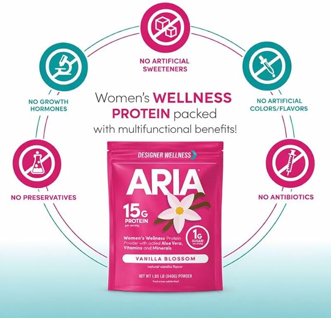 Designer Wellness Aria Women's Wellness Low Calorie Vanilla Protein Powder with Biotin Vitamin C and Organic Aloe Vanilla Blossom 1.85 Pound