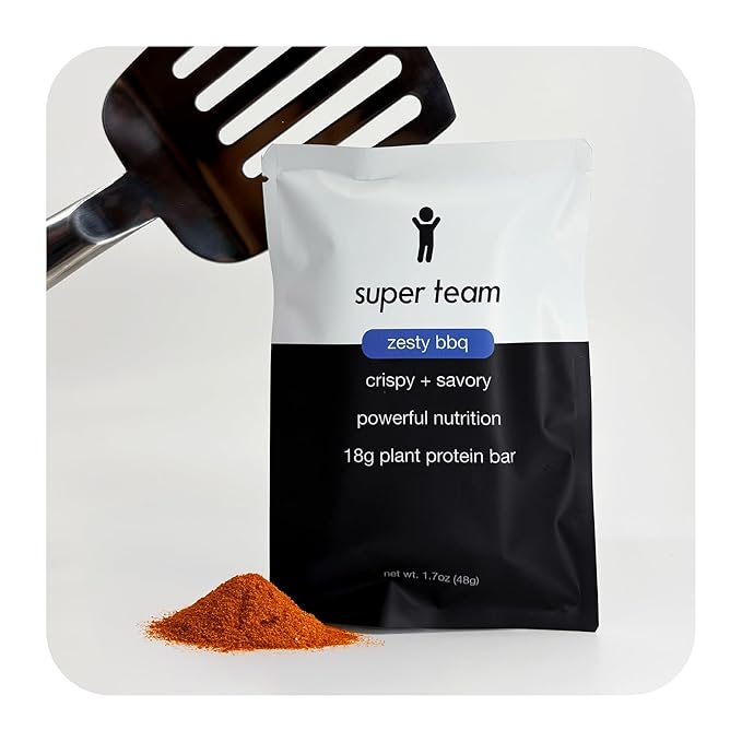 Super Team Savory + Crispy Protein Bars - Zesty BBQ - 12-Count Snack Bars - High Protein (18g) High Fiber (7g) Low Sugar (1g) - Gluten Free Nut Free Soy Free Vegan Plant Based Meal Replacement