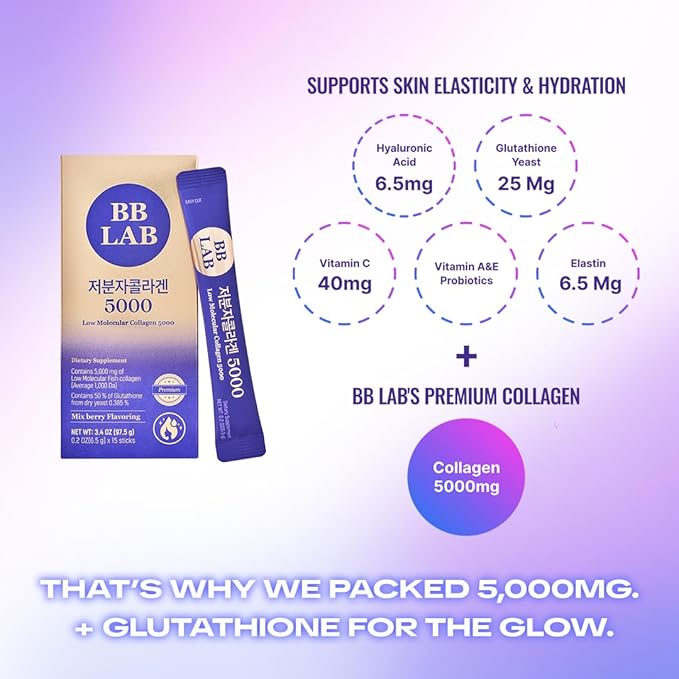 BB LAB Low Molecular Collagen 5000 Powder Type Korean Marine Collagen Fish Collagen Peptides Hyaluronic Acid Elastin Glutachione Vitamin C Fast Absorb Mix Berry Flavor