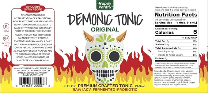 Demonic Tonic 3 Pack (3 x 8oz glass bottles) by Happy Pantry. Raw unpasteurized premium crafted fire cider made with organic ingredients.