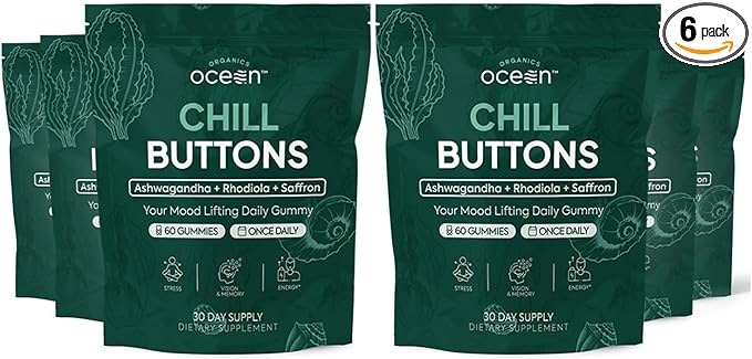 Organics Ocean Chill Buttons – Natural Ashwagandha Gummy Supplement with Organic KSM-66 Saffron &amp Rhodiola Rosea – Supports Relaxation Mood Focus &amp Energy - 6-Pack 360 Count