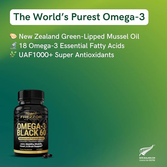 FREZZOR Omega 3 Black for Joint Care &amp Comfort - New Zealand Green Lipped Mussel Oil Capsules 53x Higher Potency with UAF1000+ Super Antioxidant No Fishy Aftertaste 450mg 6-Pack 360 Softgels