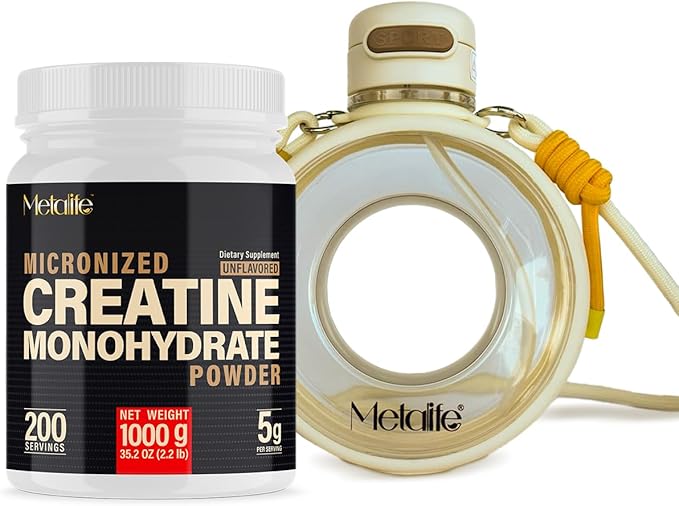 Creatine Monohydrate 1000g + 700ml White Sports Water Bottle Bundle – Micronized Creatine Powder for Strength &amp Recovery Canada-Made Unflavored Vegan Leakproof Bottle with Strap