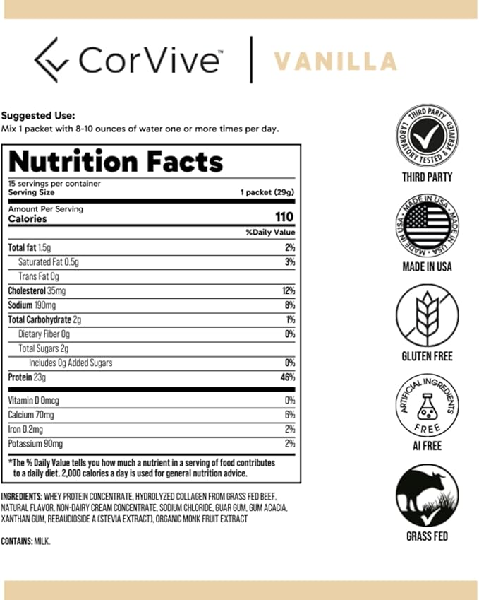 Protein + Collagen Powder | 23g Protein (Grass-Fed Whey + Collagen) | 3.7g BCAAs | Supports Muscle &amp Joint Health | Gluten &amp Soy Free | No Artificial Ingredients | 15 Sachets - Vanilla
