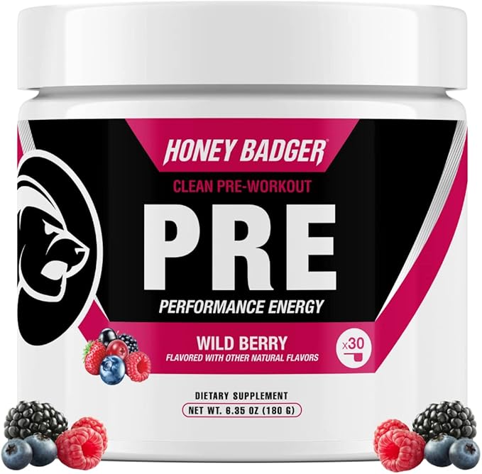 Honey Badger Pre Workout Powder Keto Vegan Preworkout for Men &amp Women Beta Alanine &amp Caffeine Sugar Free Natural Energy Supplement Wild Berry 30 Servings