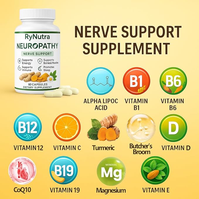 Rynutra Nerve Support Supplement Capsules for Neuropathy with CoQ10 Turmeric L-Carnitine Butcher’s Broom Alpha Lipoic Acid Enhance Nerve Calming Promote Overall Well-Being 60 Capsules