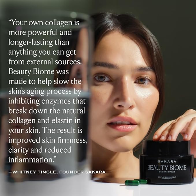 SAKARA Beauty Biome – Daily Synbiotic Supplement for Skin + Gut Health with Probiotic Dermaval Vitamins A D E Antioxidants Prebiotics &amp Enzymes – for Clear Radiant Hydrated Skin – 60 Capsu