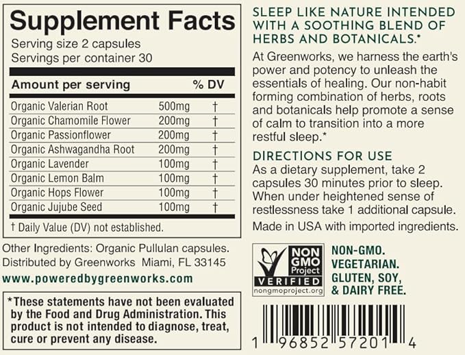 Greenworks Nature's Rest Melatonin-Free Sleep Aid Organic Herbal Blend with Ashwagandha Valerian Chamomile &amp Passionflower Non-Habit Forming Vegan Capsules for Restful Sleep 60 Count