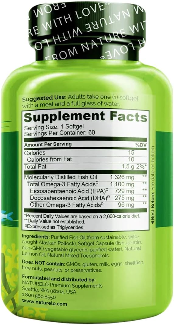 NATURELO Burpless Omega 3 Fish Oil Supplement - 1100mg Triglyceride Omega-3 EPA + DHA Liquid Fish Oil for Heart Eye Brain Joint Health - 60 Softgels 2 Months Supply