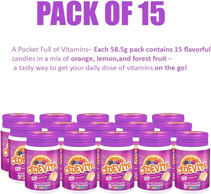 Cedevita Multivitamin Healthy and Sweet Candies with 9 Essential Vitamins in Mix Pot Flavor – A Pocket Full of Vitamins Immune System Booster – Pack of 15 Candies 58.5g