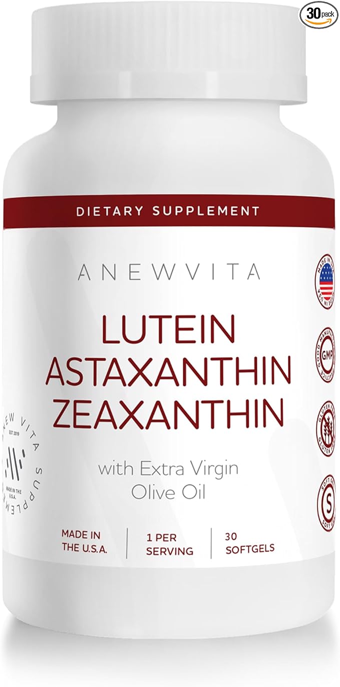 Lutein Astaxanthin Zeaxanthin Eye Health Support Supplement 2 in 1 Antioxidant Formula with Lutemax and AstaReal with Extra Virgin Olive Oil 30 Softgels