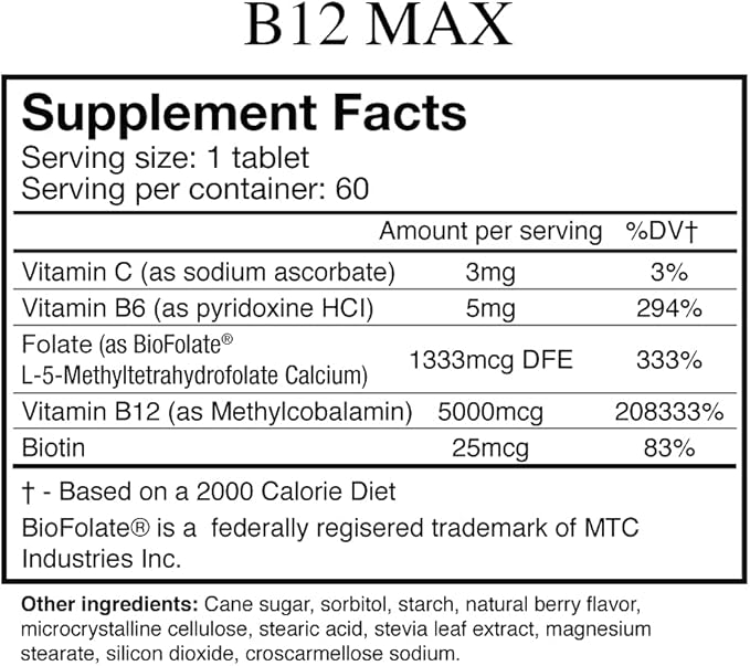 Wellgenix Bio-Available Sublingual B12 Max - Formulated for High Absorption - Nutritional Multivitamin B12 B6 Folate - Fast Dissolve (60 Ct) 2 Pack