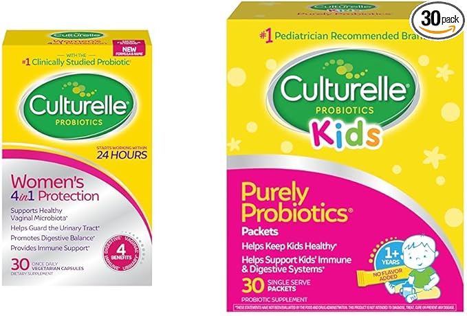Culturelle Women's and Kids Daily Probiotics - Digestive Immune Health - 30 Count Capsules and 30 Single Packets