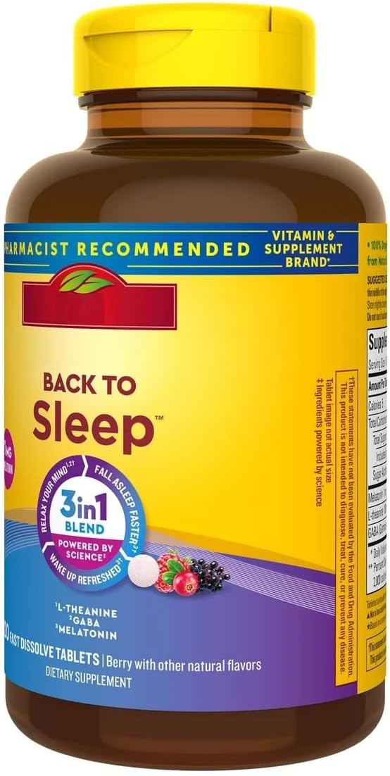 Naturally Made Back to Sleep Aid - 1mg Low Dose Melatonin 100mg L-Theanine 100mg GABA - 120 Fast Dissolve Tablets for Middle of The Night Support - Drug-Free Non-Habit Forming Blueberry Flavor