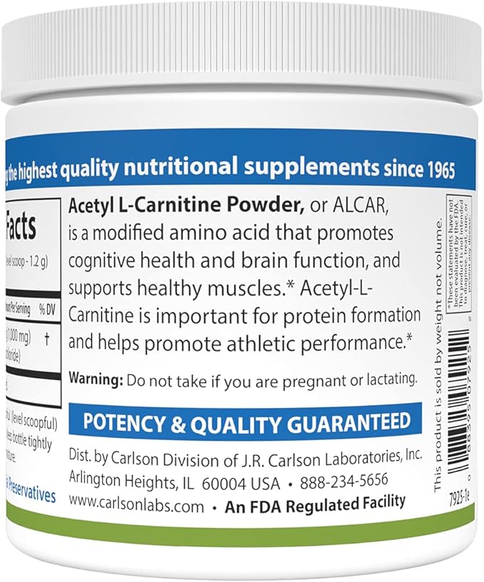 Carlson - Acetyl L-Carnitine Powder Free-Form Amino Acid Cognitive Health Brain Function &amp Muscle Support 3.53 oz (100 g)