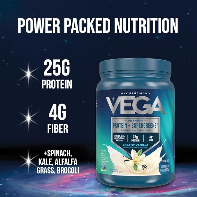Vega Protein and Greens Protein Powder Creamy Vanilla (11 Servings) 25g Plant Based Protein Plus Veggies Vegan Non-GMO Pea Protein for Women and Men 1.2lbs
