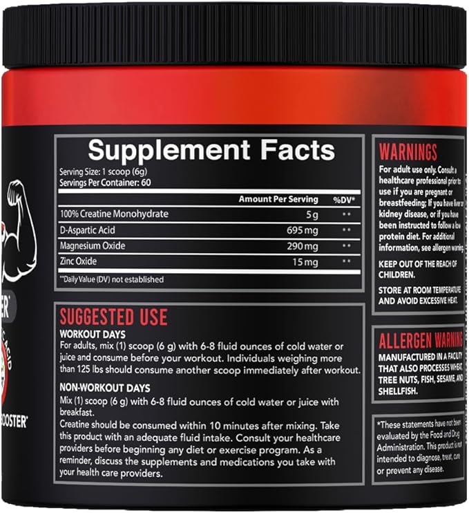 Angry Supplements Crea-Test 100% Creatine Monohydrate + Test Booster Powder for Monster Test Men w. D-Aspartic Acid Zinc &amp Magnesium Unflavored Drink Mix (360 Grams 60 Servings)
