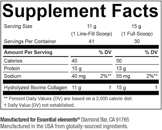 Essential Elements Hydrolyzed Collagen Powder - Joint Skin Hair and Nail Support | Types I &amp III Peptides | Preservative-Free Grass-Fed Hormone-Free Dissolves Easily (2-Pack)