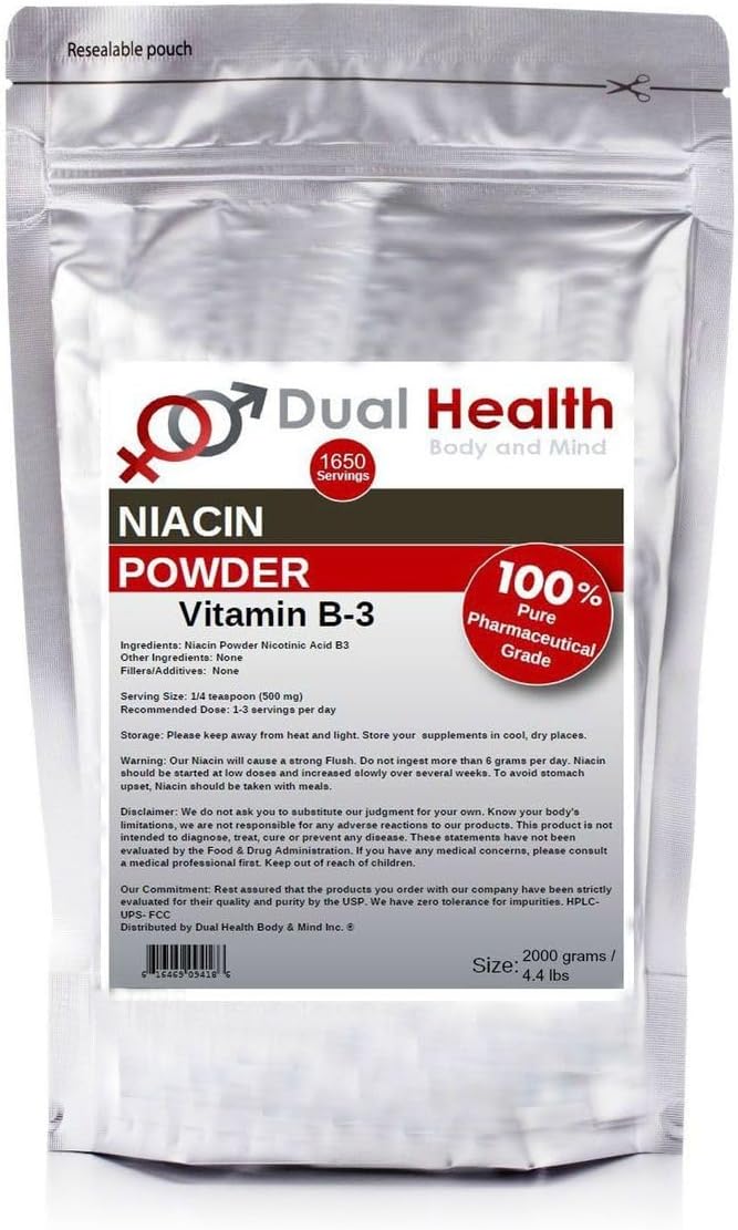 Niacin Powder (4.4 lbs - 2 kilograms) Vitamin B3 Bulk Supplement Immediate Release Niacin with Flush Nicotinic Acid Non-GMO Vegan Gluten Free Fast Absorption No GMOs Fillers Additives Metals