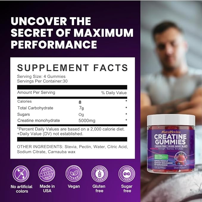 Sugar Free Creatine Gummies 5000mg — 22% More Strength 7X Energy 3X Absorption &amp Muscle Recovery Cognitive Health — 99.9% Pure Vegan Creatine Monohydrate Gummies for Men and Women (30-Day Suppl