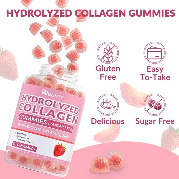 Sugar Free Collagen Gummies for Women Collagen Protein Type IIIIIIVX with Biotin Vitamin C D B12 Hydrolyzed Collagen Peptides Gummies for Immune Digestion Skin Hair Nails Energy Bone
