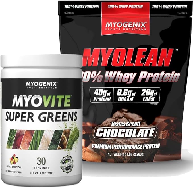 Myogenix Myovite Supergreens Powder &amp Myolean Chocolate Whey Protein Bundle – Digestion Immunity &amp 40g High-Protein Whey – Support Gut Health Muscle Growth &amp Recovery