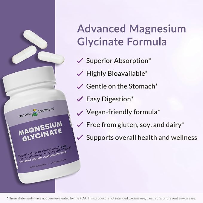 Natural Wellness Magnesium Glycinate – High Absorption Magnesium Supplement for Relaxation Restful Sleep Bone &amp Heart Health and Muscle Function – Gentle on Stomach 180 Vegetarian Capsules
