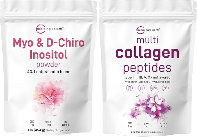 Micro Ingredients Multi Collagen Protein Powder 2lbs &amp Myo &amp D-Chiro Inositol Powder Bundle 2 Pack | Grass-Fed Collagen Peptides | Inositol Supplement for Women