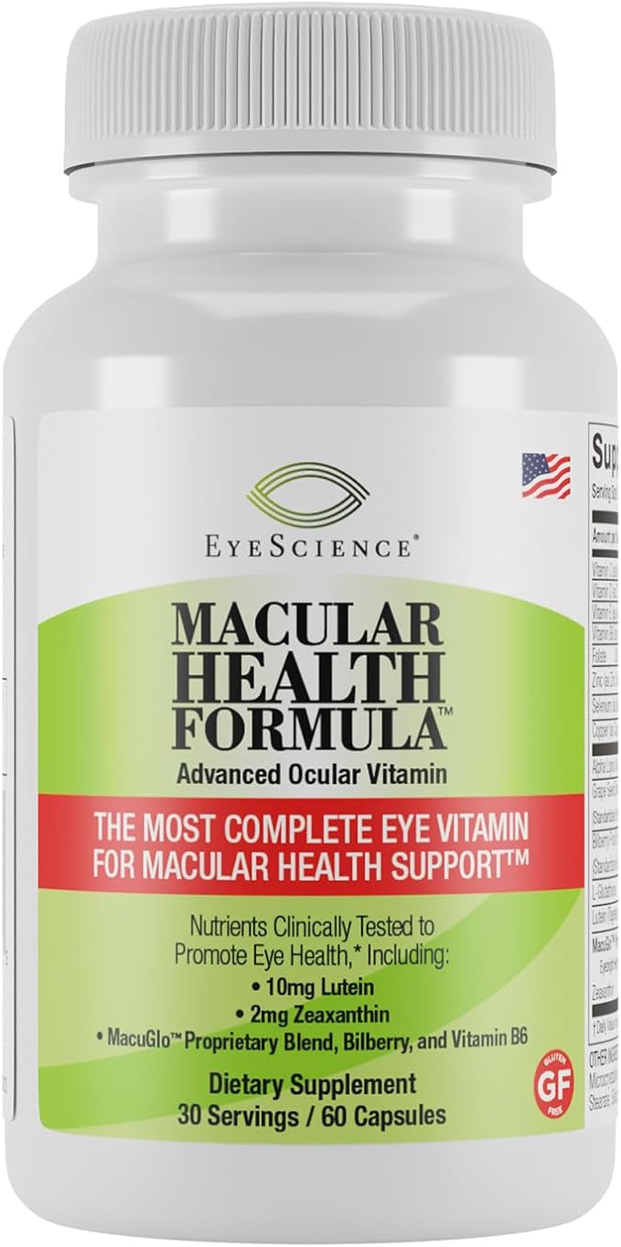 EyeScience Macular Health Formula Advanced Ocular Vitamin - Containing Lutein Zeaxanthin Billberry &amp Vitamins C D E &amp B6 (30 Day Supply) - 60 Capsules