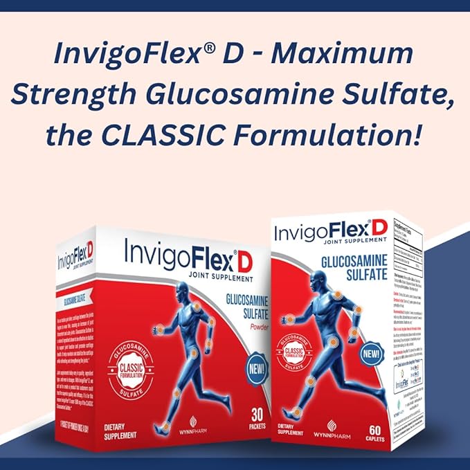 INVIGOFLEX® D - 1500mg of Glucosamine Sulfate (Classic Formulation) - Premium Joint Supplement for Knees Hands Back &amp Hip Support D: Glucosamine Sulfate Caplets - 60 Ct (Pack of 3)