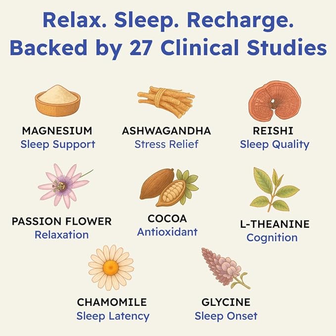 Brainoa Sleep Cocoa for Chocolate Lovers – With Magnesium Glycinate Ashwagandha Reishi Mushroom &amp L-Theanine – Bedtime Sleep Aid Drink for Adults – No Melatonin Added Sugar or Artificial Flavo