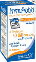 HealthAid ImmuProbio – Once-Daily 50 Billion CFU Probiotic with Prebiotic Fiber (FOS) | 30 Strains Including DDS‑1 | Acid &amp Bile Resistant Room‑Temperature Stable Vegan – 14 Capsules