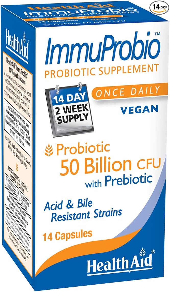 HealthAid ImmuProbio – Once-Daily 50 Billion CFU Probiotic with Prebiotic Fiber (FOS) | 30 Strains Including DDS‑1 | Acid &amp Bile Resistant Room‑Temperature Stable Vegan – 14 Capsules