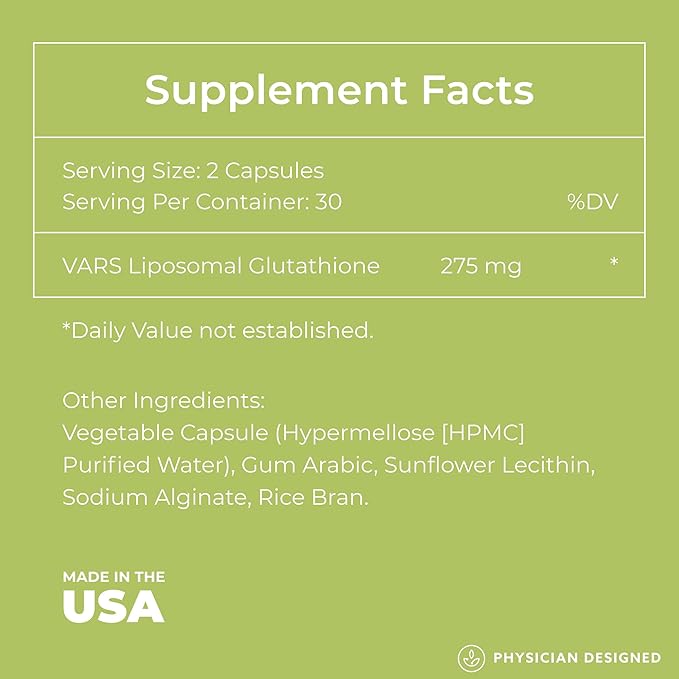 Physician Designed VARS Liposomal Glutathione Capsules - Patented Antioxidant Liquid Dietary Supplement Anti-Aging Detoxification Fortify Immune System Energy Management Skin Brightening 60 count