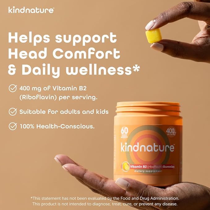 kindnature Vitamin B2 Gummies - Riboflavin 400mg Supplement for Kids &amp Adults - Non-GMO Soy &amp Gluten-Free Vegan Chewable Gummies (30 Day Supply)
